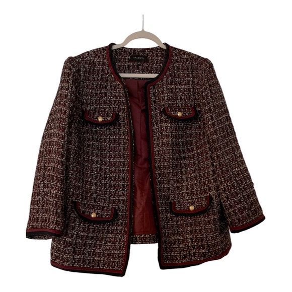 Talbots Jackets & Blazers - TALBOTS tweed open blazer, sz 16. Maroon,black,cream. Pockets, with gold buttons